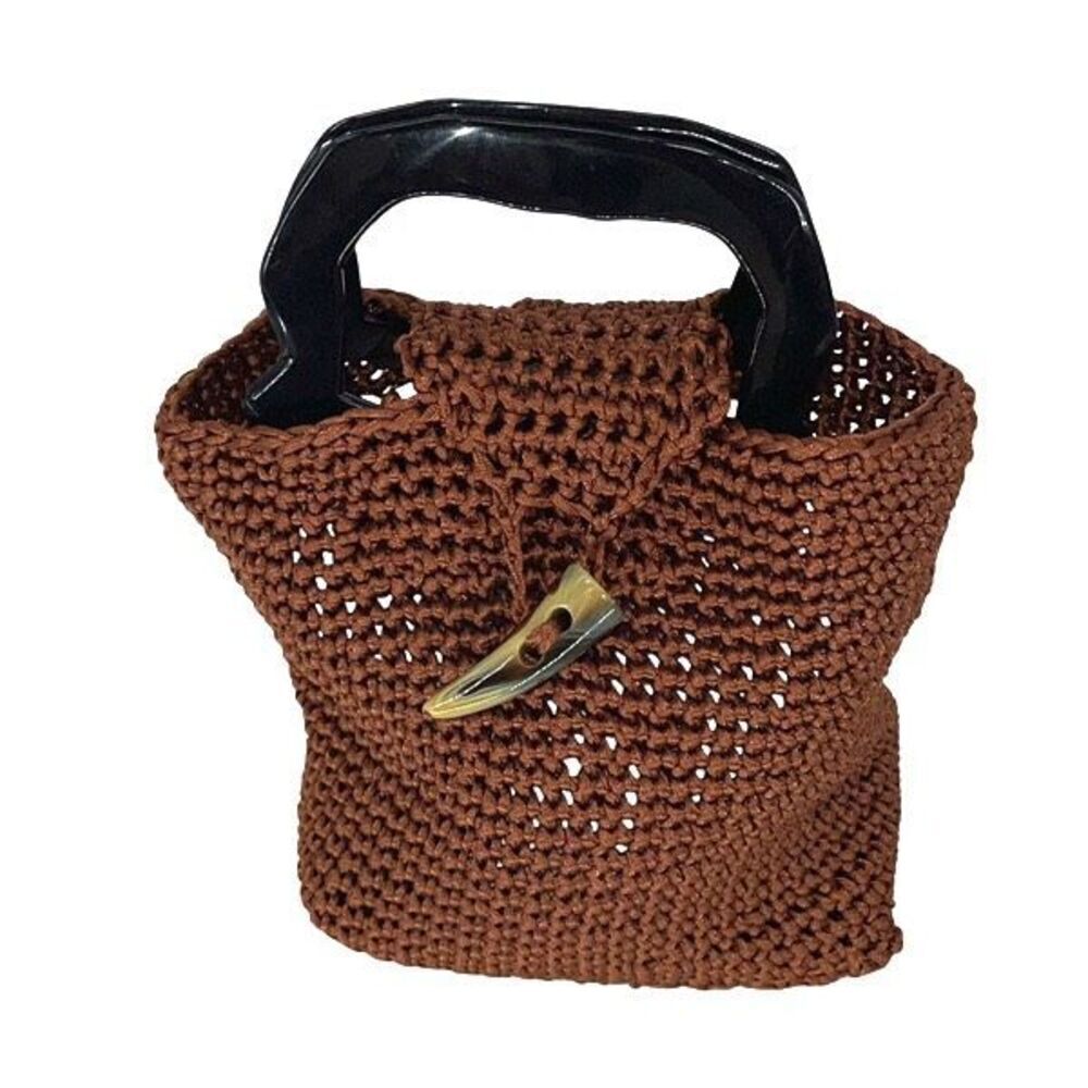 Womens Crochet Double Plastic Handle Tote‎ Handbag Brown 7”x 8.5”x 4”